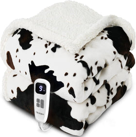 Cow Print Heated Throw Blanket Electric Blanket-Heating Blanket Throw with 10 Heat Levels & 10 Hours Auto Off Cozy Soft Fleece Sherpa Washable 50 x 60 Inches Cow Print White