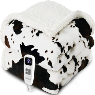 Cow Print Heated Throw Blanket Electric Blanket-Heating Blanket Throw with 10 Heat Levels & 10 Hours Auto Off Cozy Soft Fleece Sherpa Washable 50 x 60 Inches Cow Print White