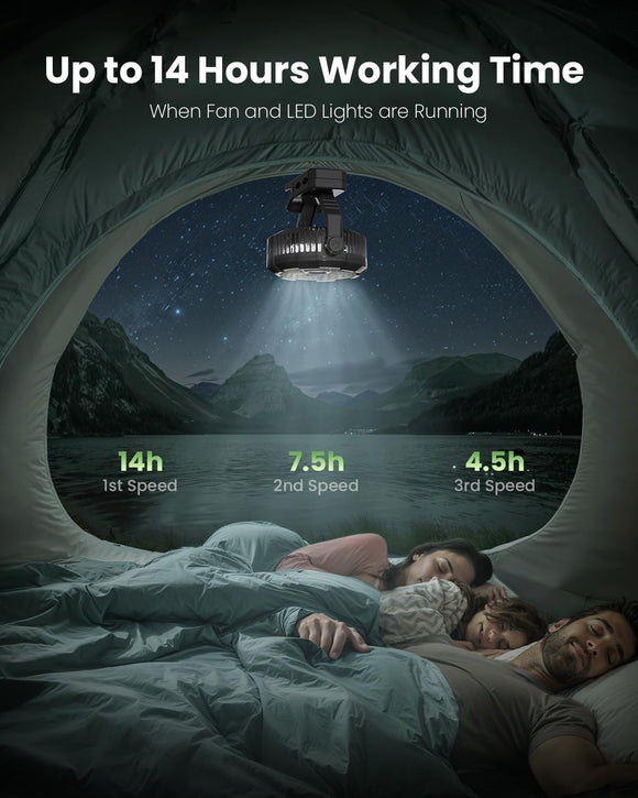 Portable Camping Fan with LED Lantern 360Rotation and Clip on for Desk 4000mAh USB Rechargeable Battery Powered Digital Display and Hanging Hook for Tent Outdoor Travel Bedroom Black