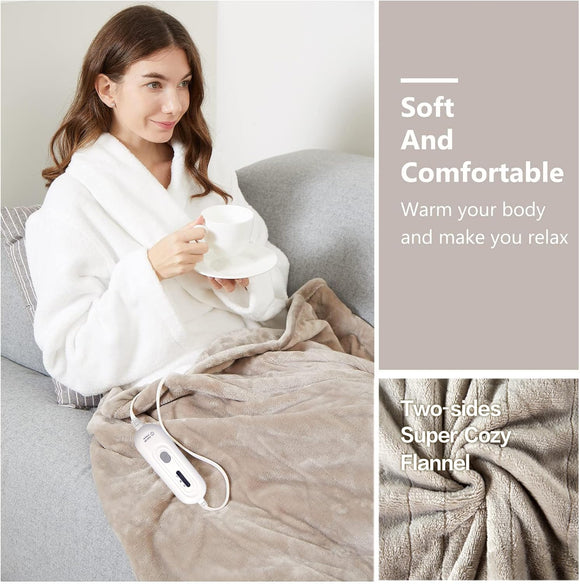 Electric Heated Blanket Throw Super Cozy Soft 2-Layer Flannel 50 x 60 Heated Throw with 3 Heating Levels & 4 Hours Auto Off Machine Washable ETL&FCC Certified Home Office Use Camel