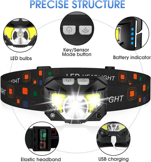 Headlamp Flashlight Lumen Ultra-Light Bright LED Rechargeable Headlight with White Red Light 2-Pack Waterproof Motion Sensor Head Lamp 8 Modes for Outdoor Camping Running Hiking Fishing