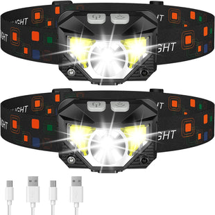 Headlamp Flashlight Lumen Ultra-Light Bright LED Rechargeable Headlight with White Red Light 2-Pack Waterproof Motion Sensor Head Lamp 8 Modes for Outdoor Camping Running Hiking Fishing