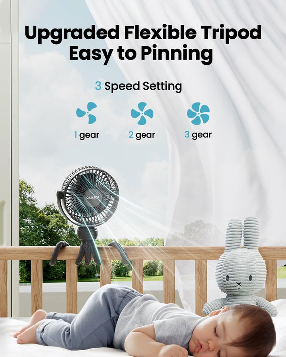Mini Portable Stroller Fan Battery Operated Small Clip on Detachable 3 Speed Rechargeable 360 Rotate Flexible Tripod Better Cooling for Car Seat Crib Treadmill Travel Black