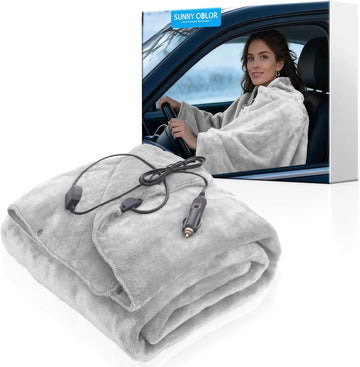 Wearable Car Electric Blanket 12 Volt Heated Travel Blanket Plug in Heating Throw for Car Truck SUV Van with Controller 2 Heating Level Ideal for Camping Traveling(41x55 Gray)