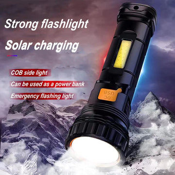 Solar/Rechargeable Multi Function 1000 Lumens LED Flashlight with Emergency Strobe Light and 1200 Mah Battery Emergency Power Supply and USB Charging Cable Fast Charging (1PC) - 0