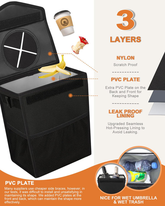 Car Trash Can with Lid Cute Leakproof Car Trash Garbage Bag Hanging Vehicle Trash Bin Small Portable Automotive Garbage Cans Organizer for Back/Front Seat/Console(Trapezoid Black)