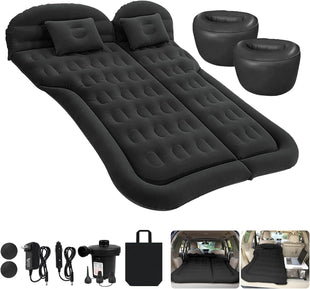 Car Bed SUV Air Mattress Car Air Mattress with Home Power Adapter Electric Pump 2 Inflatable Pillows and 2 Footrests for Back Seat Side Seat Trunk Sleeping Thickened Camping Bed - Black