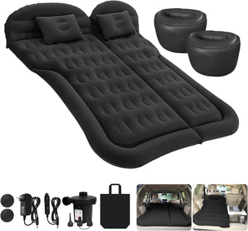 Car Bed SUV Air Mattress Car Air Mattress with Home Power Adapter Electric Pump 2 Inflatable Pillows and 2 Footrests for Back Seat Side Seat Trunk Sleeping Thickened Camping Bed - Black