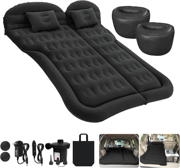 Car Bed SUV Air Mattress Car Air Mattress with Home Power Adapter Electric Pump 2 Inflatable Pillows and 2 Footrests for Back Seat Side Seat Trunk Sleeping Thickened Camping Bed - Black