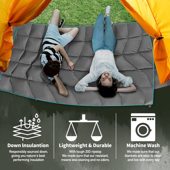 Outdoor Puffy Camping Blanket Lightweight Down Alternative Puffy Printed Camping Large Ultra Warm Hammock Top Quilt Waterproof Blanket for Traveling Picnic Beach Party Cold Weather (Green Mountain)