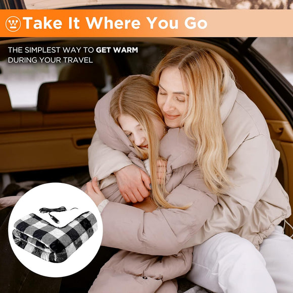 Heated Car Blanket 12-Volt Electric Blanket for Car Truck SUV RV Portable Heated Throw for Camping Grey Buffalo Plaid 59 x 43