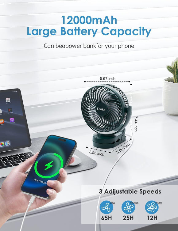 Camping Fan with Remote Control - 12000mAh Rechargeable Battery Powered Fan Camping Fans for Tents with LED light & Hanging Hook Rechargeable Battery Operated Ceiling Fans for Tent RV Bed Green