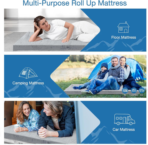 CertiPUR-US Memory Foam Camping Mattress Portable Roll Up Travel Sleeping Pad & Floor Mattress Cot Guest Bed for Sleepover with Waterproof Cover & Travel Bag
