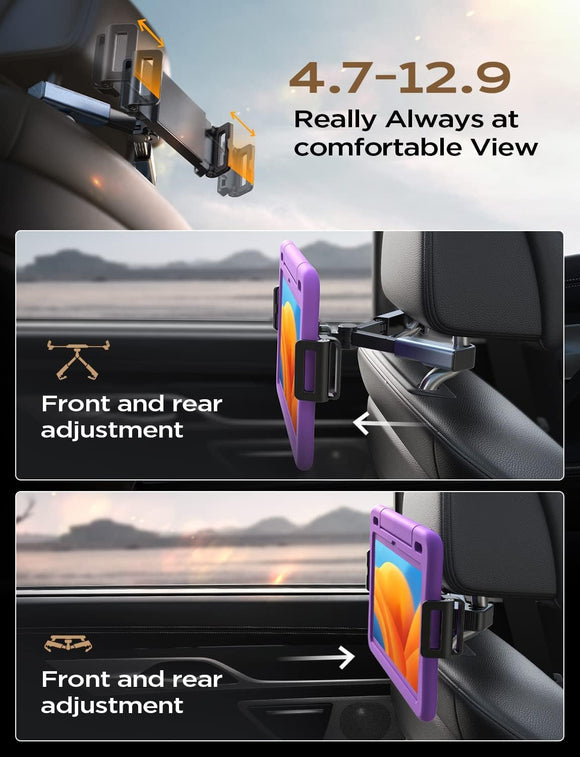 Tablet Holder for Car Headrest iPad Car Holder Back Seat Travel Accessories Long Road Trip Essentials for Kids Black Tablet Stand for iPad Pro Air Mini Galaxy Fire 4.7-12.9 Devices