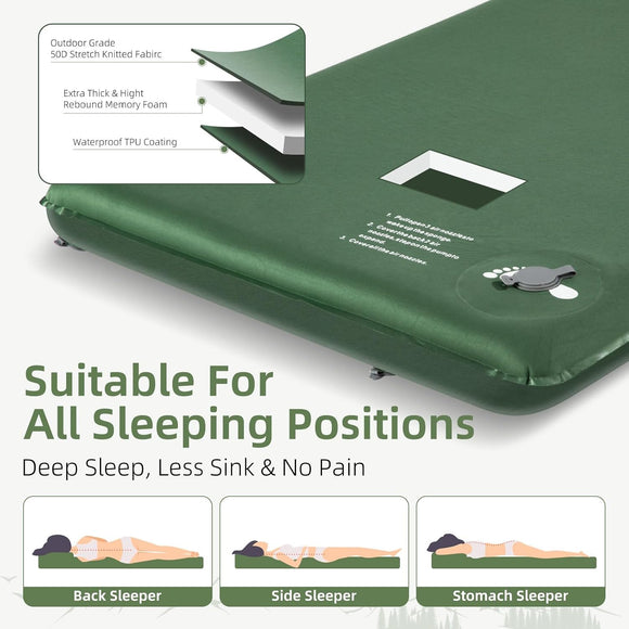 Memory Sleeping Pad 3.1 Ultra-Thick Foam Sleeping Mats for Camping Easy Inflate&Deflate 9.5 R-Value Insulated Camping Mattress Pad with Pillow for Car Travel Tent