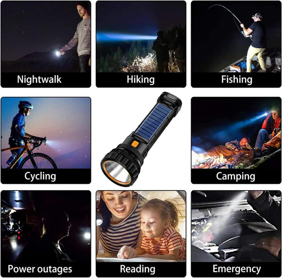 Solar/Rechargeable Multi Function 1000 Lumens LED Flashlight with Emergency Strobe Light and 1200 Mah Battery Emergency Power Supply and USB Charging Cable Fast Charging (1PC)