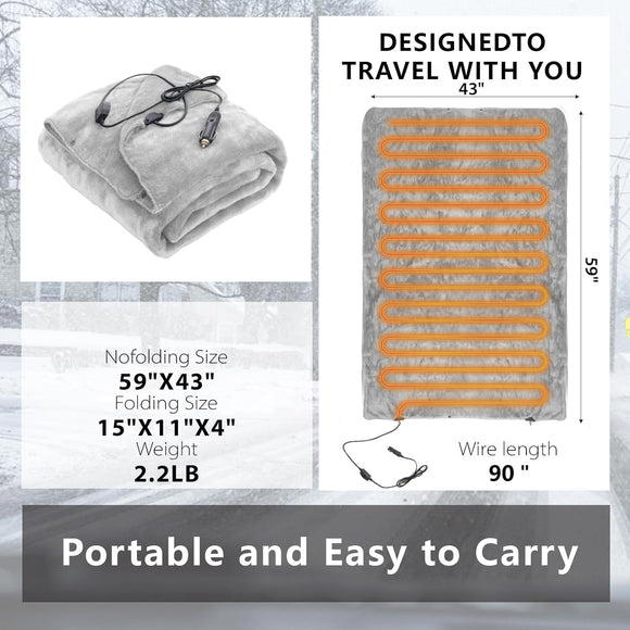 Wearable Car Electric Blanket 12 Volt Heated Travel Blanket Plug in Heating Throw for Car Truck SUV Van with Controller 2 Heating Level Ideal for Camping Traveling(41x55 Gray)