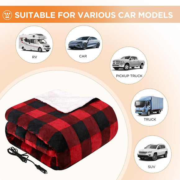 Heated Car Blanket with 3 Heating Levels 4 Hours Auto Off 12 Volt Electric Blanket for Car Truck SUV RV Machine Washable 59 x 43 (Red Buffalo Plaid)
