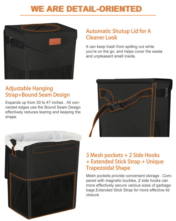 Car Trash Can with Lid Cute Leakproof Car Trash Garbage Bag Hanging Vehicle Trash Bin Small Portable Automotive Garbage Cans Organizer for Back/Front Seat/Console(Trapezoid Black)