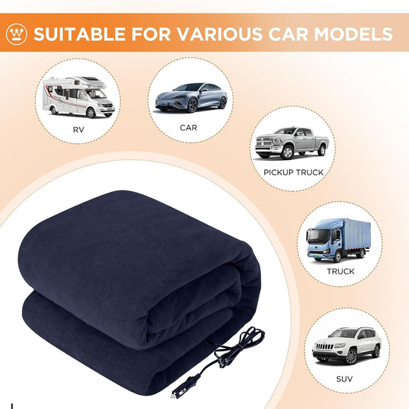 Heated Car Blanket 12-Volt Electric Blanket for Car Truck SUV RV Portable Heated Throw for Camping Navy 59 x 43