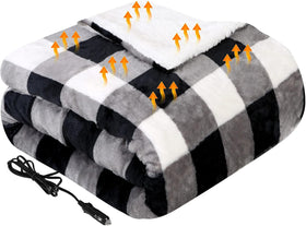 Heated Car Blanket 12-Volt Electric Blanket for Car Truck SUV RV Portable Heated Throw for Camping Grey Buffalo Plaid 59 x 43