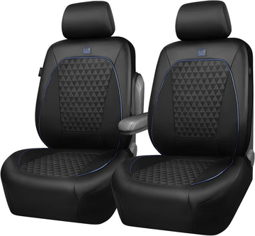 Leather Car Seat Covers Gel Wetsuit PU Front Seat Cover Waterproof EVA 2pcs All Weather Neoprene Universal Fit Pickup SUV Truck Sedan Automotive Armrest Airbag Compatible Rhombic Blue Strip