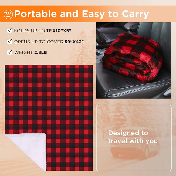 Heated Car Blanket 12-Volt Electric Blanket for Car Truck SUV RV Portable Heated Throw for Camping Red Buffalo Plaid 59 x 43