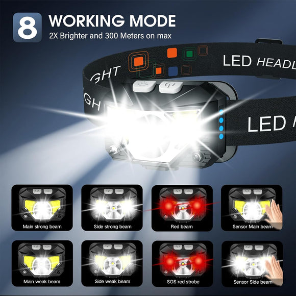 Headlamp Flashlight Lumen Ultra-Light Bright LED Rechargeable Headlight with White Red Light 2-Pack Waterproof Motion Sensor Head Lamp 8 Modes for Outdoor Camping Running Hiking Fishing
