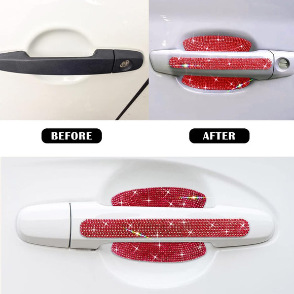 8pcs Bling Car Door Handle Protector Stickers Crystal Rhinestone Glitter Car Door Handles Cup Scratch Protectors Decals Universal (Red)