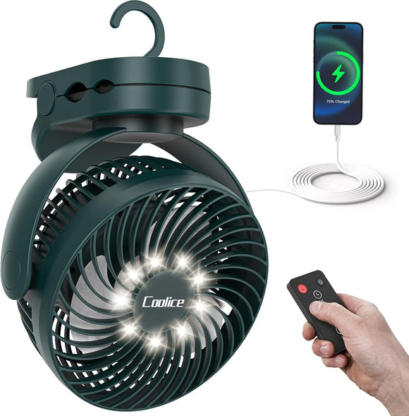 Camping Fan with Remote Control - 12000mAh Rechargeable Battery Powered Fan Camping Fans for Tents with LED light & Hanging Hook Rechargeable Battery Operated Ceiling Fans for Tent RV Bed Green