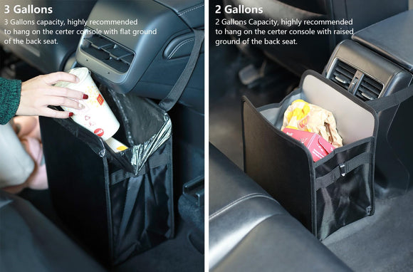 3 Gallons Open-Top Car Trash Can Large Capacity Hanging Leakproof Car Trash Bag with Water-proof PEVA Liner Stand Trash Bag for Cars Foldable Storage Bag for Cars SUV Truck RV Black