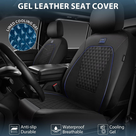 Leather Car Seat Covers Gel Wetsuit PU Front Seat Cover Waterproof EVA 2pcs All Weather Neoprene Universal Fit Pickup SUV Truck Sedan Automotive Armrest Airbag Compatible Rhombic Blue Strip