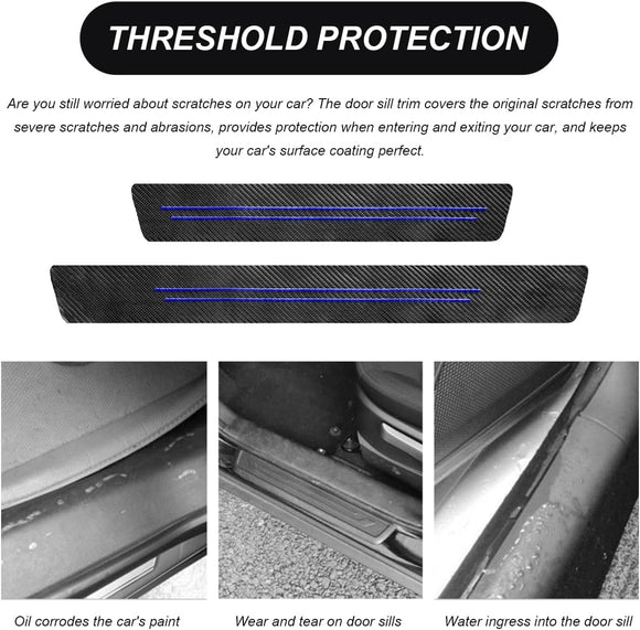 4 PCS Car Door Sill Protector Waterproof Carbon Fiber Style Car Door Entry Guard Sill Protector Anti-Scratch Door Threshold Strips Stickers for Most Vehicles Car Accessories (Blue-4pcs)
