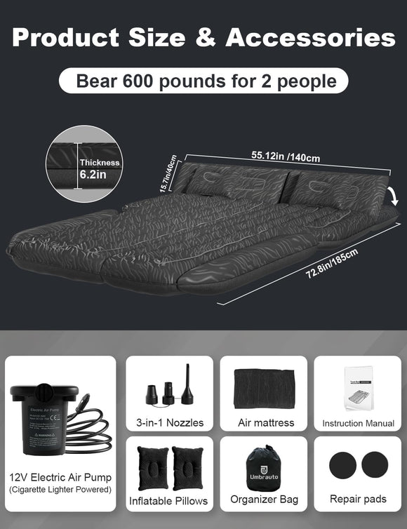 SUV Air Mattress for Trunk: Upgraded Car Camping Mattress with Flocked Surface and Extra Thick Bottom Van Sleeping Bed for Back Seat with Pump Nozzle Repair Patch Carry Bag
