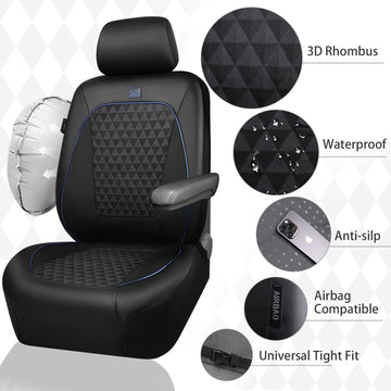 Leather Car Seat Covers Gel Wetsuit PU Front Seat Cover Waterproof EVA 2pcs All Weather Neoprene Universal Fit Pickup SUV Truck Sedan Automotive Armrest Airbag Compatible Rhombic Blue Strip - 0