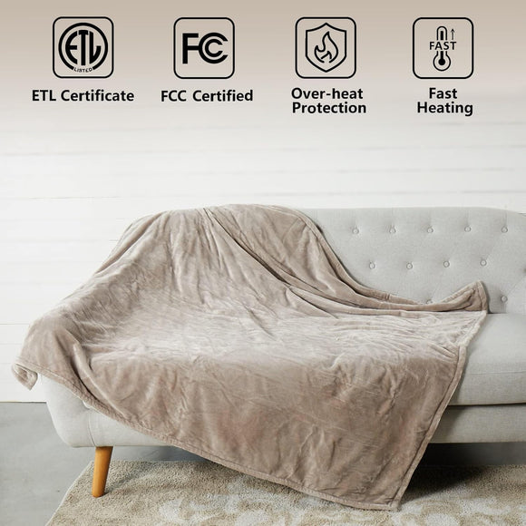 Electric Heated Blanket Throw Super Cozy Soft 2-Layer Flannel 50 x 60 Heated Throw with 3 Heating Levels & 4 Hours Auto Off Machine Washable ETL&FCC Certified Home Office Use Camel