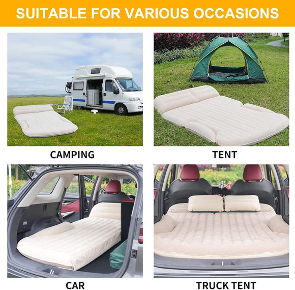 SUV Air Mattress Thickened and Double-Sided Flocking Travel Camping Bed with 2 Pillows & Electric Pump Dedicated Mobile Cushion Inflatable Bed for SUV Trunk and Rear Seat (Beige and Coffee)