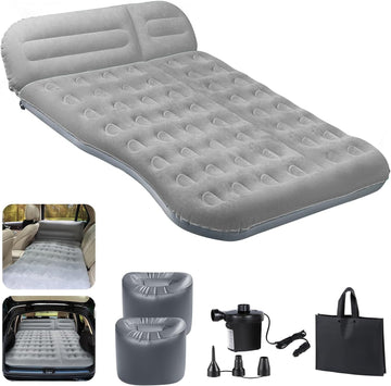 SUV Air Mattress Thickened Flocked Camping Bed for Car Trunk & Back Seat Includes Electric Pump & 2 Foot Pedals Portable Inflatable car Mattress (Gray)