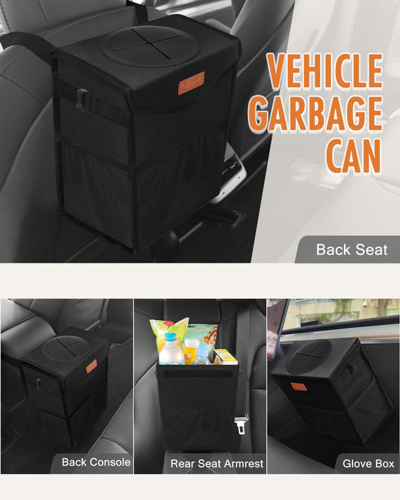 Car Trash Can with Lid Cute Leakproof Car Trash Garbage Bag Hanging Vehicle Trash Bin Small Portable Automotive Garbage Cans Organizer for Back/Front Seat/Console(Trapezoid Black)