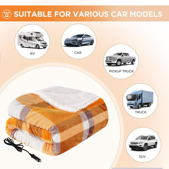 Heated Car Blanket with 3 Heating Levels 4 Hours Auto Off 12 Volt Electric Blanket for Car Truck SUV RV Machine Washable 59 x 43 (Orange Buffalo Plaid)