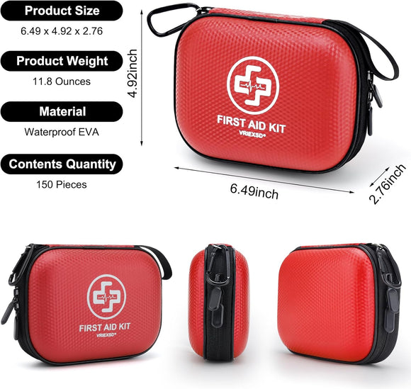 Mini First Aid Kit - 150 Piece Small Waterproof Hard Shell Medical Kit for Home Car Travel Camping Truck Hiking Sports Office Vehicle & Outdoor Emergencies- Small First Aid Medical Kit (Red)