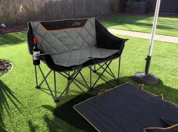 Oversized Fully Padded Camping Chair Folding Loveseat Camping Couch Double Duo Chair Heavy Duty Quad Fold Arm Chair with Cup Hold - Supports 650 LBS Black