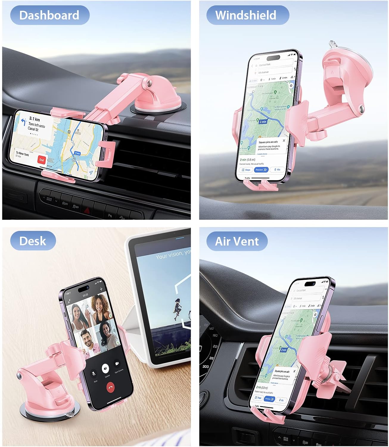 Phone Holders for Your Car [Super Suction Power & No-Wobbling] Universal Cell Phone Mount Dashboard Windshield Vent Long Arm Hands Free Cradle Fit for iPhone, Android - Hot Pink