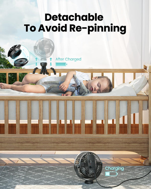 Mini Portable Stroller Fan Battery Operated Small Clip on Detachable 3 Speed Rechargeable 360 Rotate Flexible Tripod Better Cooling for Car Seat Crib Treadmill Travel Black
