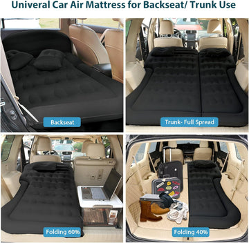 Car Bed SUV Air Mattress Car Air Mattress with Home Power Adapter Electric Pump 2 Inflatable Pillows and 2 Footrests for Back Seat Side Seat Trunk Sleeping Thickened Camping Bed - Black - 0