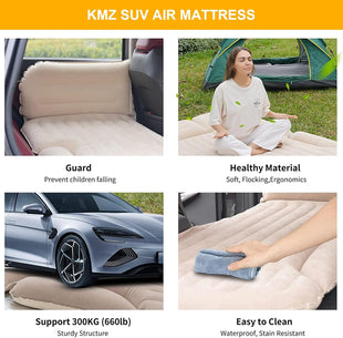 SUV Air Mattress Thickened and Double-Sided Flocking Travel Camping Bed with 2 Pillows & Electric Pump Dedicated Mobile Cushion Inflatable Bed for SUV Trunk and Rear Seat (Beige and Coffee)