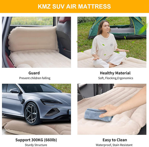 SUV Air Mattress Thickened and Double-Sided Flocking Travel Camping Bed with 2 Pillows & Electric Pump Dedicated Mobile Cushion Inflatable Bed for SUV Trunk and Rear Seat (Beige and Coffee)