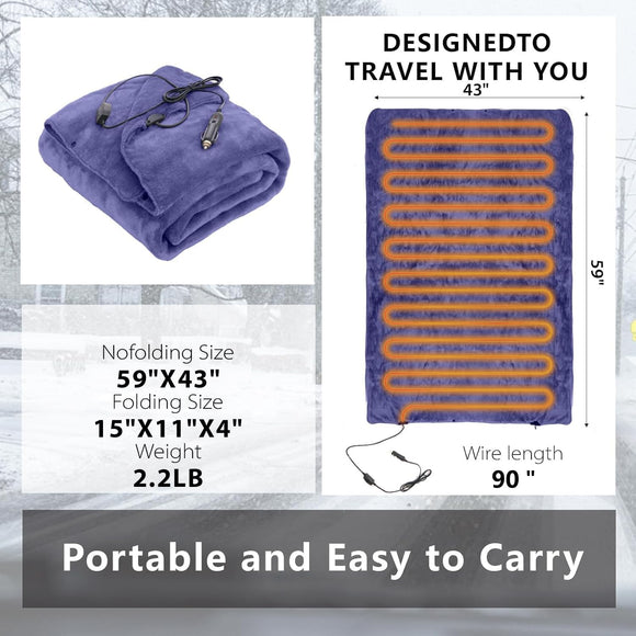 Wearable Car Electric Blanket 12 Volt Heated Travel Blanket Plug in Heating Throw for Car Truck SUV Van with Controller 2 Heating Level Ideal for Camping Traveling(41x55 Blue)