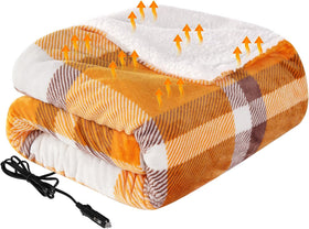 Heated Car Blanket with 3 Heating Levels 4 Hours Auto Off 12 Volt Electric Blanket for Car Truck SUV RV Machine Washable 59 x 43 (Orange Buffalo Plaid)
