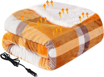 Heated Car Blanket 12-Volt Electric Blanket for Car Truck SUV RV Portable Heated Throw for Camping Orange Buffalo Plaid 59 x 43
